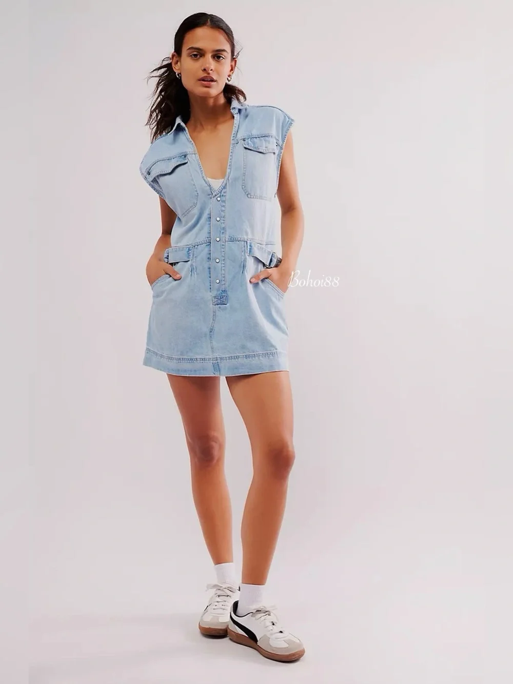 NWT Free People Rowley Denim Mini Dress Belted Button Front Plunge V-Neck - Picture 4 of 11